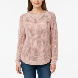 Part Two Pink Mesh Knit Sweater Top Womens Medium‎ Crew Neck Long Sleeve Casual